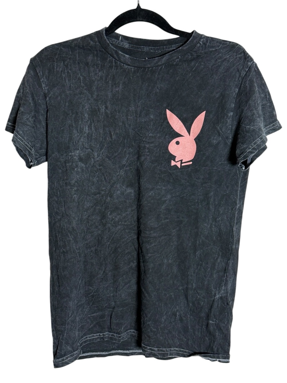 Playboy Bunny Logo Acid Wash Black Pink Graphic T-Shirt Womens Small 2023